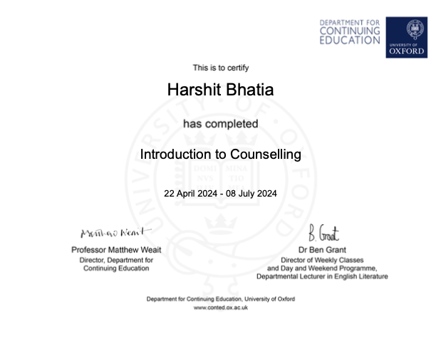 University of Oxford, Introduction to Counselling certificate